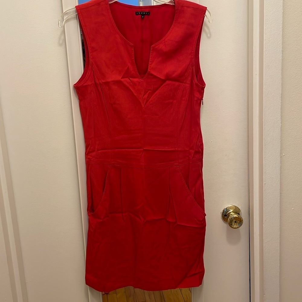 Theory Coral Red Sleeveless Dress With Pockets Size 6